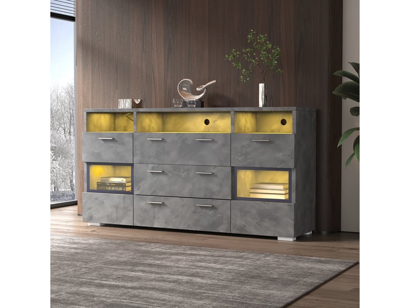  Meuble rangement buffet 140 cm led acrylique gris 2 portes 3 tiroirs salon moderne homvra  - Conforama B