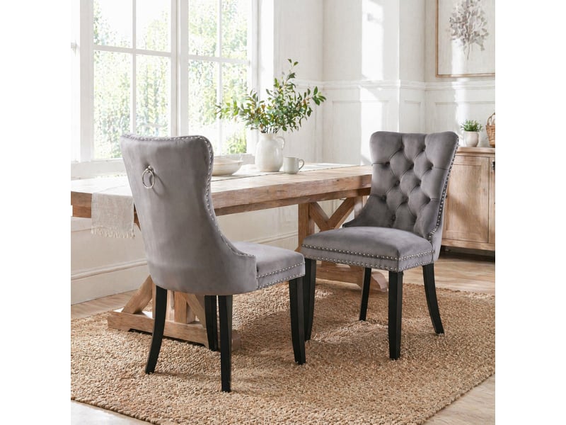  Chaise de salle à manger, lot de 2, gris, revêtement en velours, dossier haut et pieds en bois  - Conforama D