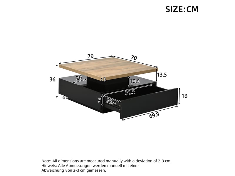  Table basse carrée pivotante 360° 70x70x36 cm avec tiroir 2 niveaux panneau de particules noir et noyer  - Conforama E