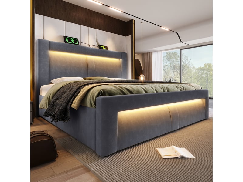  Lit double 160x200 cm rayofi - rangement sous-lit hydraulique, éclairage led contrôlable par application, ports usb et usb-c, revêtement velours gris, matelas inclus  - Conforama W