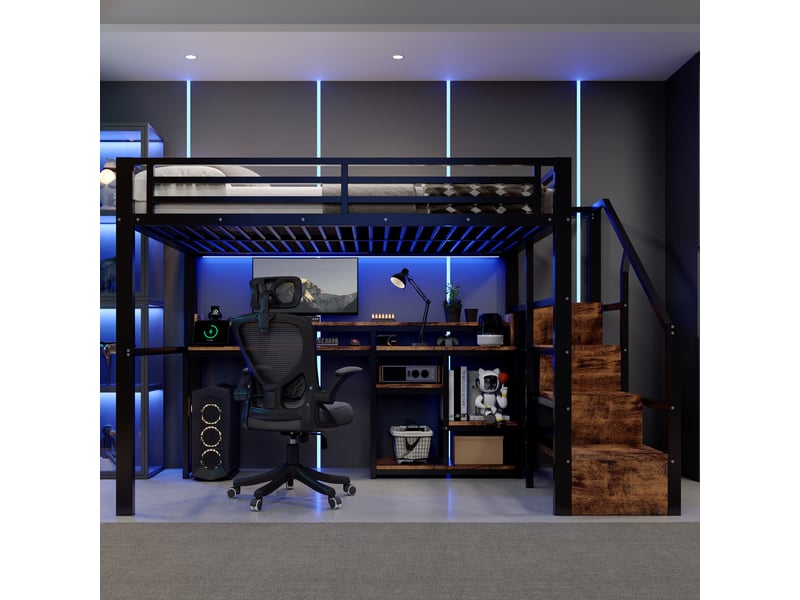  Lit mezzanine 140x200 cm avec bureau, rangements, led et usb, noir  - Conforama E