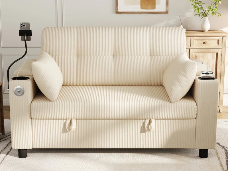  Canapé droit ,2 places,avec rangements cachés, surpiqûres boutons sur le dossier,136.5x79.5x83.6cm,beige  - Conforama B
