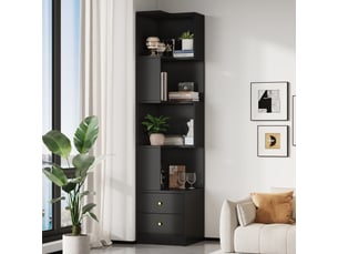 Bibliothèque d'angle en l - 45x43.5x180cm - meuble d'angle led rvb connecté app, 4 niches ouvertes et 2 tiroirs - noir