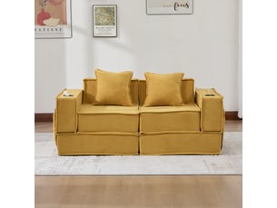 Canapé-lit double 2 places, tissu moderne, 2 coussins, pouf avec rangement, porte-gobelets, multifonctionnel