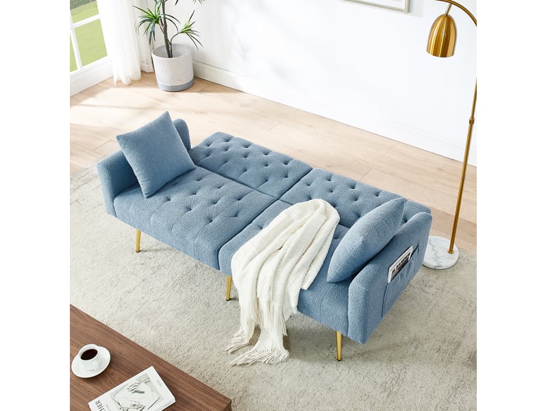  Canapé convertible 2 places avec dossier réglable 3 positions et 2 coussins, pieds métalliques dorés, en tissu teddy bleu  - Conforama C