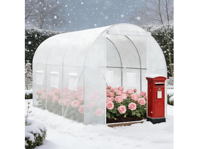 Serre de jardin tunnel 200x300x190 cm – blanche – porte enroulable zippée et 6 fenêtres ouvrantes - Conforama B