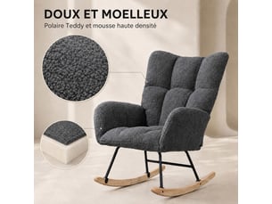 Fauteuil à bascule teddy gris, fauteuil rocking-chair ergonomique avec dossier haut et accoudoirs rembourrés, base en bois massif, chaise de relaxation pour salon, chambre et chambre bébé