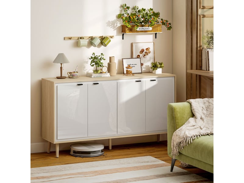  Buffet salon enfilade aosenyunzhou meuble de rangement 4 portes étagères réglables 141x35x77 cm blanc brillant et chêne T1003-01-12629 - Conforama D