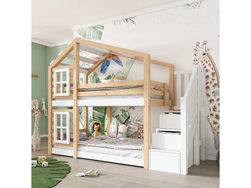  Lit superposé enfant 90x200 cm, lit cabane avec fenêtre, 3 tiroirs, sommiers, bois, blanc et naturel, sans matelas  - Conforama W