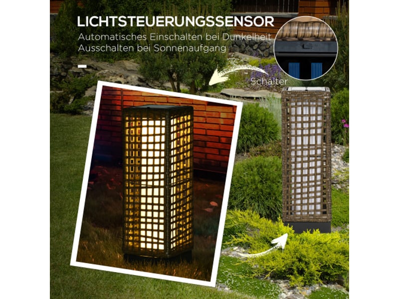  Lampe solaire led en rotin, étanche, avec capteur crépusculaire, 15,5 x 15,5 x 46 cm, jardin et terrasse  - Conforama C