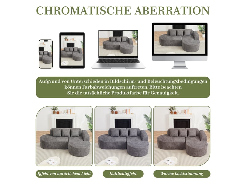  Canapé d'angle avec chaise longue à droite, 3 coussins de dossier, design arrondi en chenille gris anthracite  - Conforama E