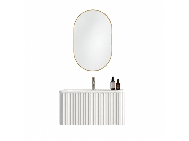  Ensemble meuble salle de bains 80 cm avec meuble vasque suspendu blanc et miroir led  - Conforama A