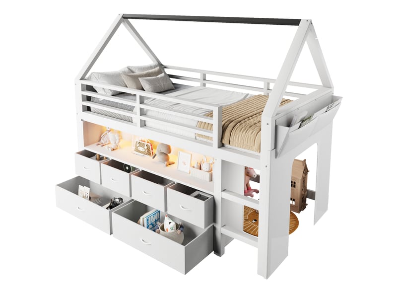 Lit mezzanine 90x200cm avec guirlande led, 6 tiroirs en tissu, rideau latéral et poche de rangement, blanc evarich - Conforama A