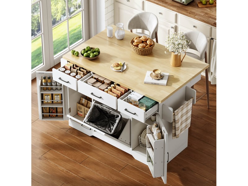 Îlot de cuisine mobile 120x70x87 cm avec plateau rabattable en mdf, blanc et naturel - Conforama C