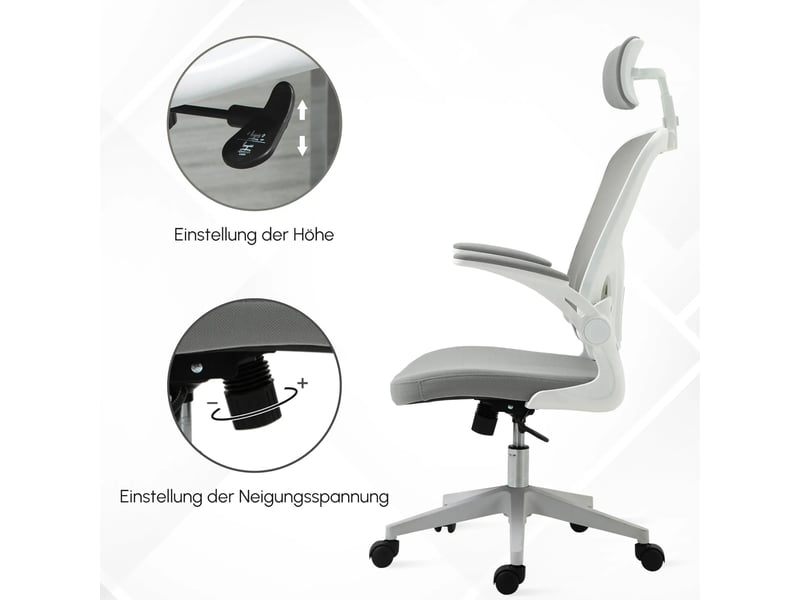  Chaise de bureau ergonomique,65x64x114-122 cm,avec appuie-tête,grise  - Conforama D