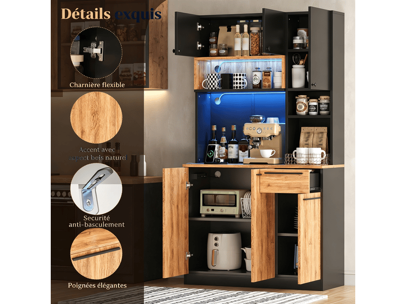  Armoire de cuisine avec éclairage led et prises, 6 portes et 1 tiroir, meuble buffet moderne, 100 × 40 × 180 cm  - Conforama D