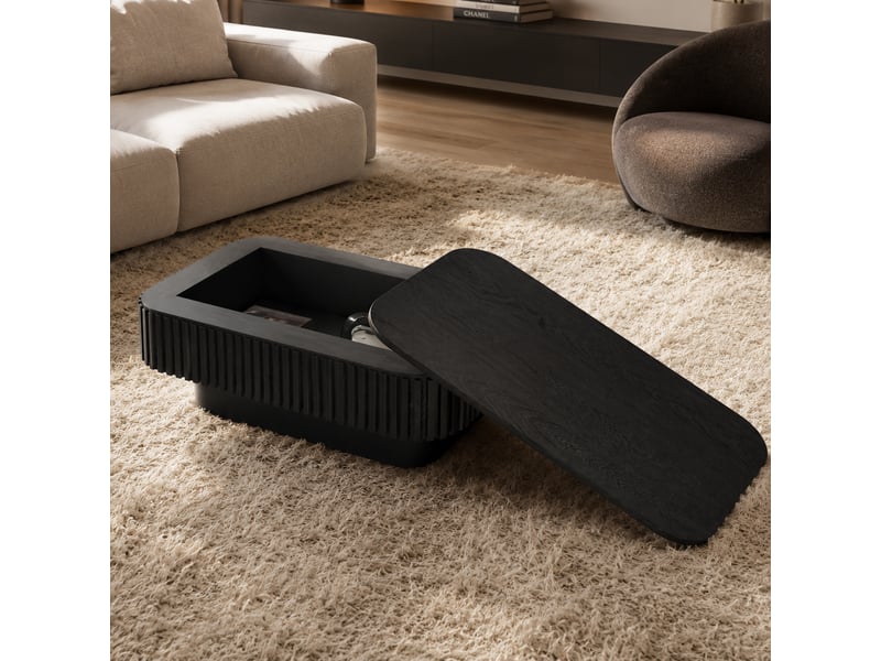  Table basse noire 98 cm - façade rainurée, rangement caché - placage bois massif  - Conforama E