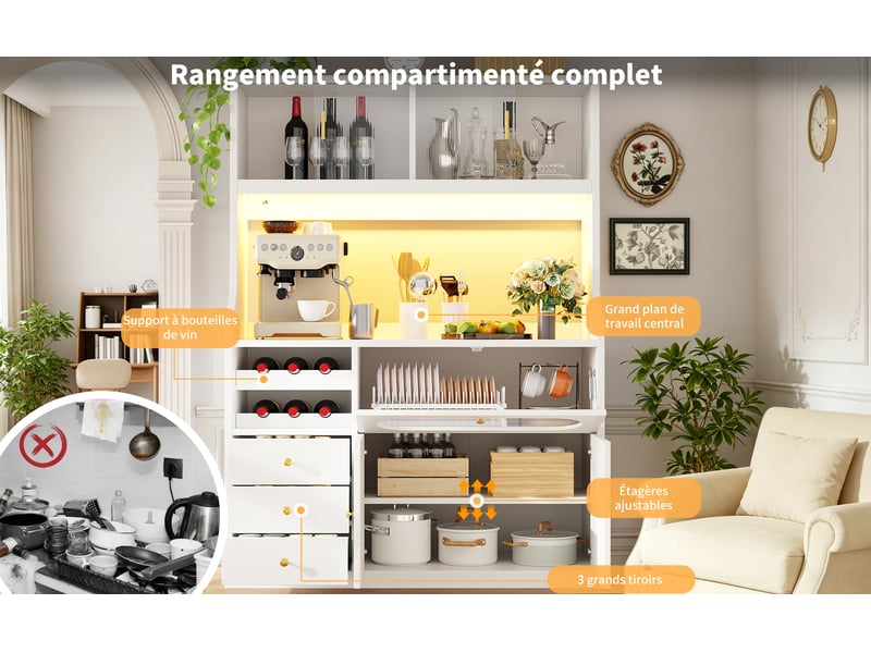  Buffet haut de cuisine, coloris blanc, 120 × 40 × 180 cm, mdf, métal et verre, led rgb pilotable par application  - Conforama D
