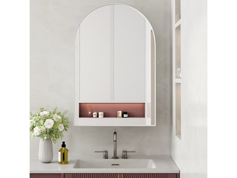 Armoire miroir murale arquée blanche, cadre métal, étagères réglables, encastrable - Conforama B