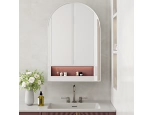 Armoire miroir murale arquée blanche, cadre métal, étagères réglables, encastrable
