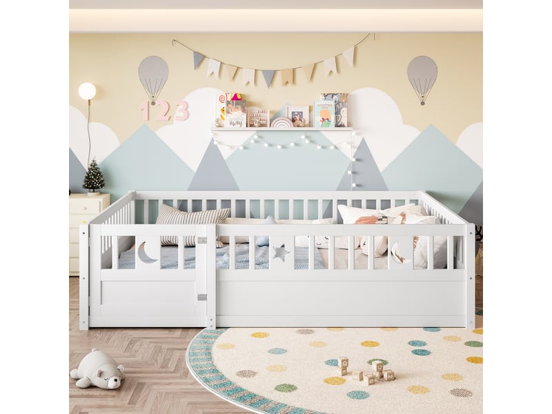  Lit enfant 140x190 avec barrière et porte, décoration étoile et lune, cadre en bois de pin massif, style minimaliste, blanc  - Conforama E