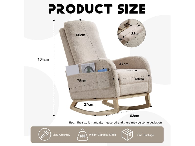  Fauteuil à bascule avec repose-pieds 75x63x104 cm en tissu bouclette beige  - Conforama C