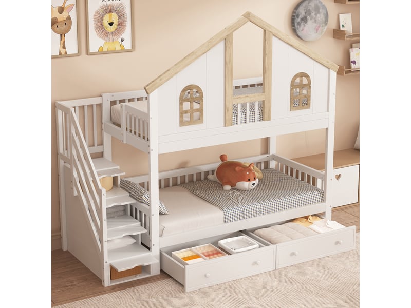  Lit superposé enfant 2 x 90 x 200 cm avec escalier de rangement et 2 tiroirs Fay Lum - Conforama R