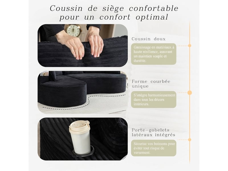  Canapé incurvé design moderne en velours côtelé doux et respirant 250 x 152 x 82 cm avec rangements  - Conforama W