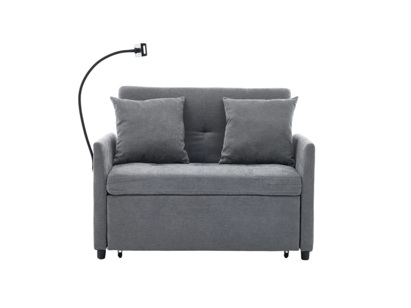  Fauteuil convertible 1 place avec port usb et support tablette  - cadre métal bois, tissu gris 109×72×83,5 cm  - Conforama A