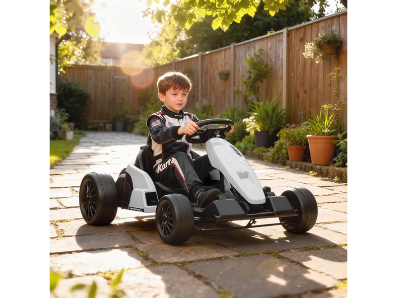  Kart électrique 24 v pour enfants, jusqu'à 18 kmh, avec fonction drift, équipé de 2 moteurs, siège réglable, blanc  - Conforama D
