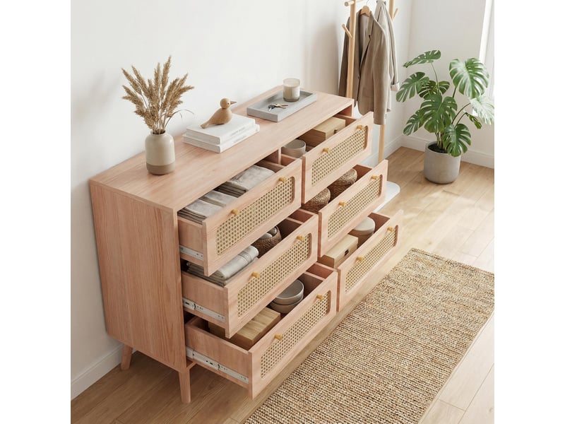  Commode 6 tiroirs effet rotin 100 cm, meuble de rangement design bohème scandinave, pieds en bois massif, chêne clair  - Conforama D