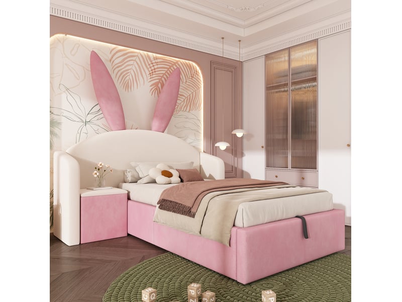  Modenvie lit enfant coffre 90x190 cm - table de chevet modulable et rangement hydraulique, sans matelas - beige et rose  - Conforama E