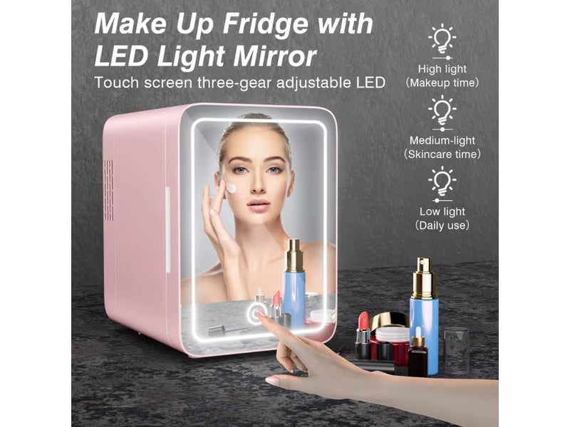  Un réfrigérateur de 4 litres avec éclairage led et miroir, idéal pour les chambres, pour ranger cosmétiques, produits de soin et aliments. Rose.  - Conforama E