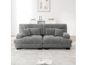 Canapé d'angle 2 places en chenille gris avec 2 coussins lombaires et 2 coussins décoratifs