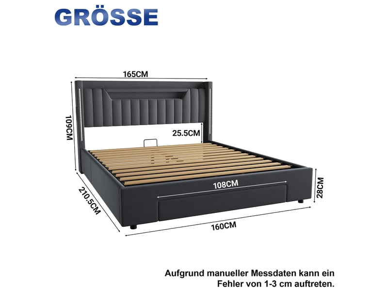  Lit coffre velours 160x200 cm avec led gris foncé  - Conforama C