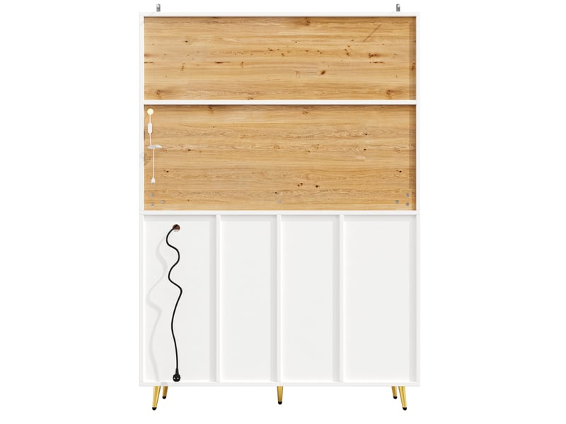  Buffet 120x40x180 cm blanc et aspect bois en mdf, 5 portes, led, prise intégrée pour rangement cuisine  - Conforama E