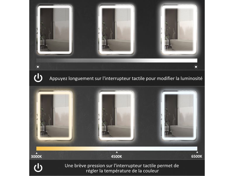 Miroir de salle de bain 60 x 80 cm, miroir led mural avec 3 couleurs lumière, dimmable, mémoire, anti-buée, argent - Conforama R