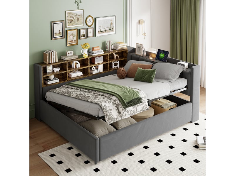  Canapé-lit rembourré 140x200 cm avec usb + type-c, lit coffre, tête de lit capitonnée, velours, gris Lucky Furniture de - Conforama E