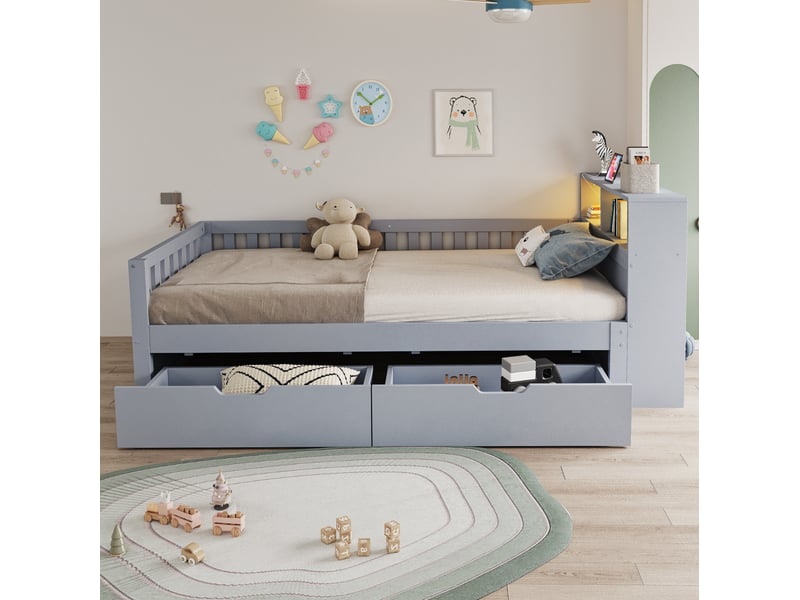 Lit multifonction, 90x200 cm, mobilier de chambre, avec rangements, led, prises, matelas non inclus, bois, coloris gris  - Conforama D