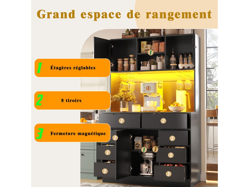  Meuble de cuisine noir avec éclairage à del, 8 tiroirs et étagères réglables, 120 × 40 × 183,5 cm  - Conforama R