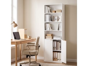 Bibliothèque design effet bois blanc 2 portes cannelées 4 étagères poignées métal doré