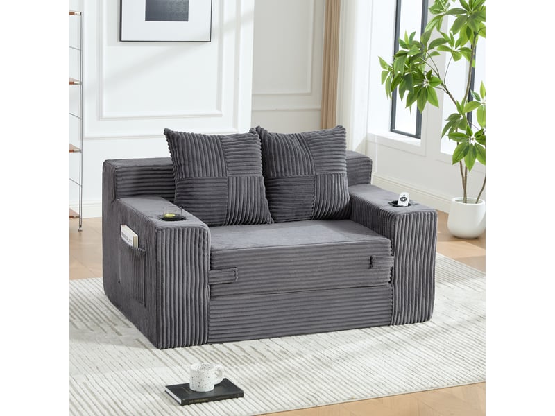 Canapé-lit deux places avec deux coussins et porte-gobelet - gris - Conforama B