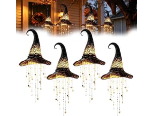 4 pièces décoration halloween suspendue, chapeau de sorcière lumineux led avec étoiles et glands colorés pour porche, terrasse et jardin