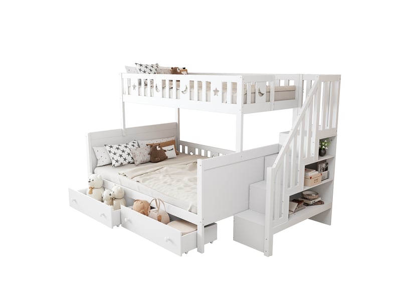  Lit superposé 90x200 140x200, lit superposé bois massif, lit superposé avec escalier et tiroirs, lit enfant blanc avec sommier.  - Conforama E