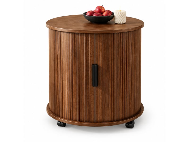  Table de chevet cylindrique 60 x 60 x 60 cm avec prise et 2 ports usb, porte coulissante, roulettes, aspect noyer  - Conforama A