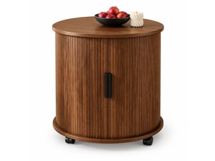 Table de chevet cylindrique 60 x 60 x 60 cm avec prise et 2 ports usb, porte coulissante, roulettes, aspect noyer