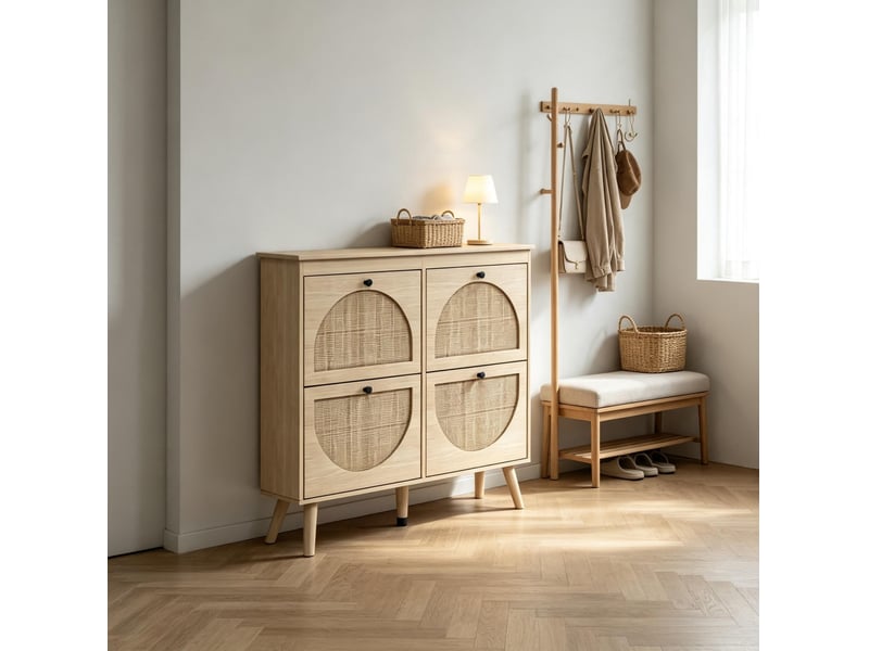 Meuble à chaussures 4 abattants avec étagères réglables, rangement 20 paires, style bohème 105 × 24 × 97,5 cm - Conforama B