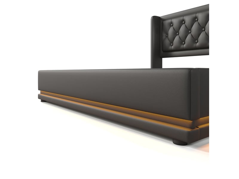  Lit rembourré en pu noir, 160 x 200 cm, avec coffre de rangement hydraulique, port de charge et éclairage led sur trois côtés  - Conforama E
