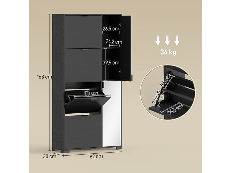  Meuble à chaussures 4 tiroirs rabattables 2 portes miroir mdf noir 82x30x168 cm  - Conforama C