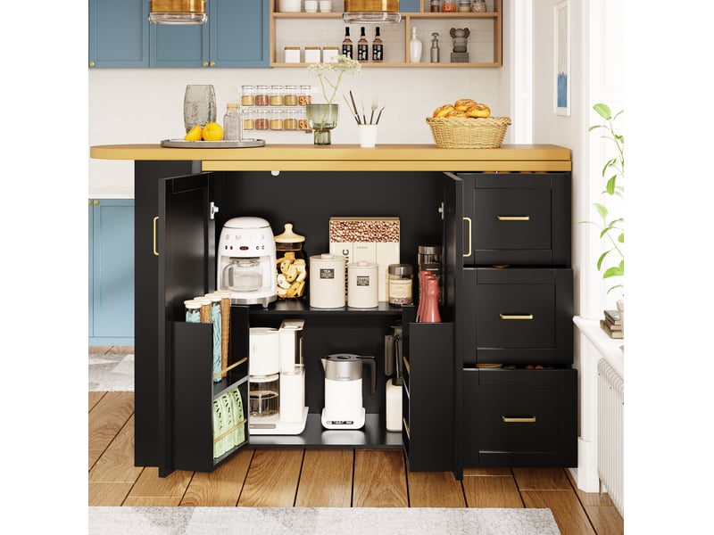Desserte de cuisine extensible avec 2 portes, 3 tiroirs et roulettes pour cuisine et salon en mdf et métal noir - Conforama D